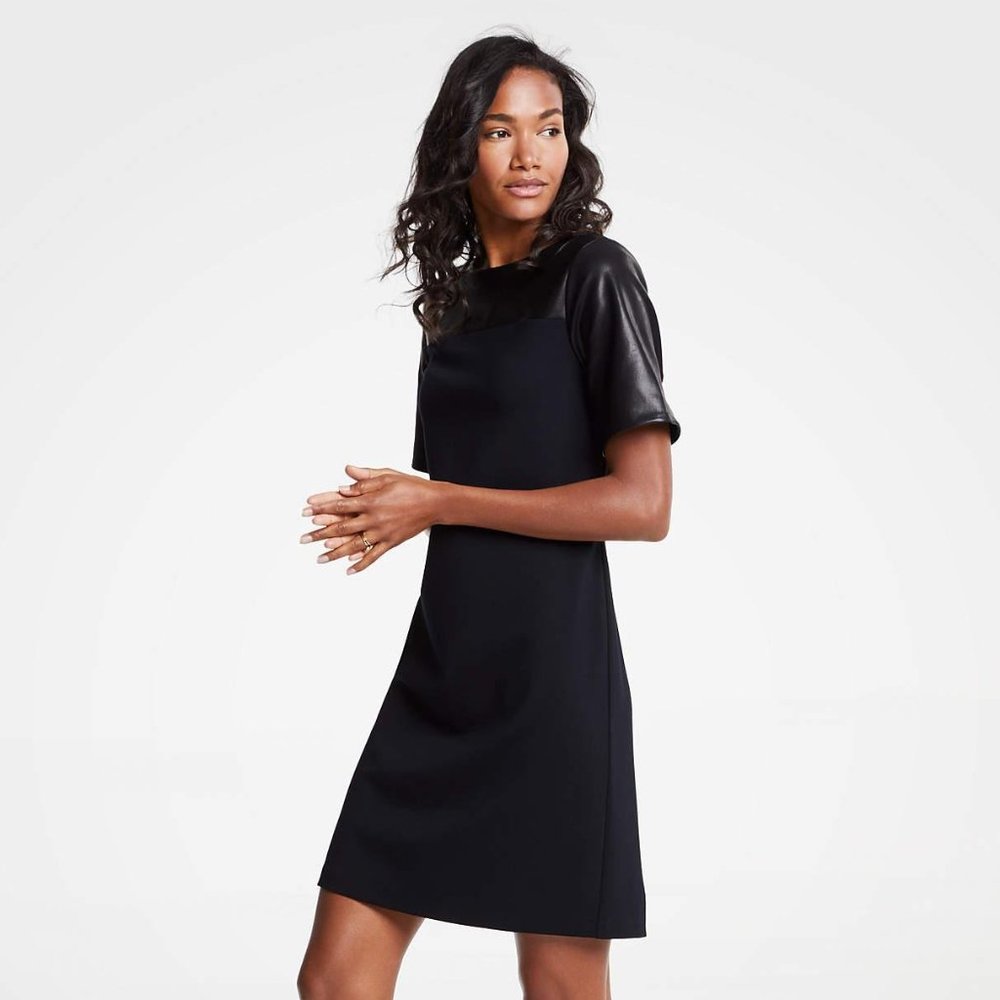 Faux Leather Yoke Ponte Shift Dress | Ann Taylor